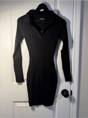 PrettyLittleThing | Dresses | Prettylittlething Black Long Sleeve Ruched  Asymmetric Knitted Dress Small | Poshmark